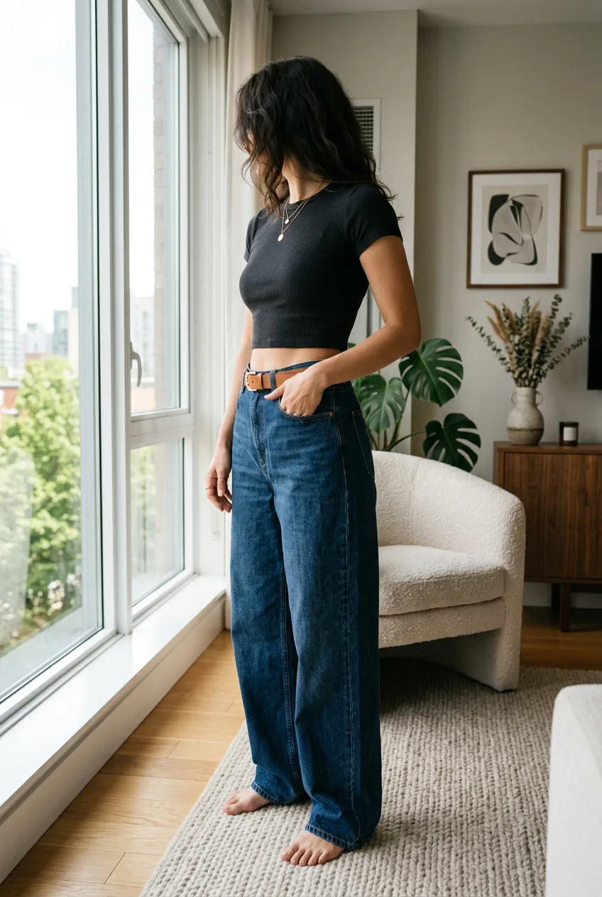 Woman in high-waisted baggy jeans with fitted crop top demonstrating ideal 1:2 body proportions
