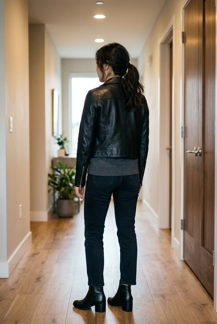 Petite woman in cropped black leather jacket with slim straight-leg trousers and low-heeled ankle boots in softly lit hallway