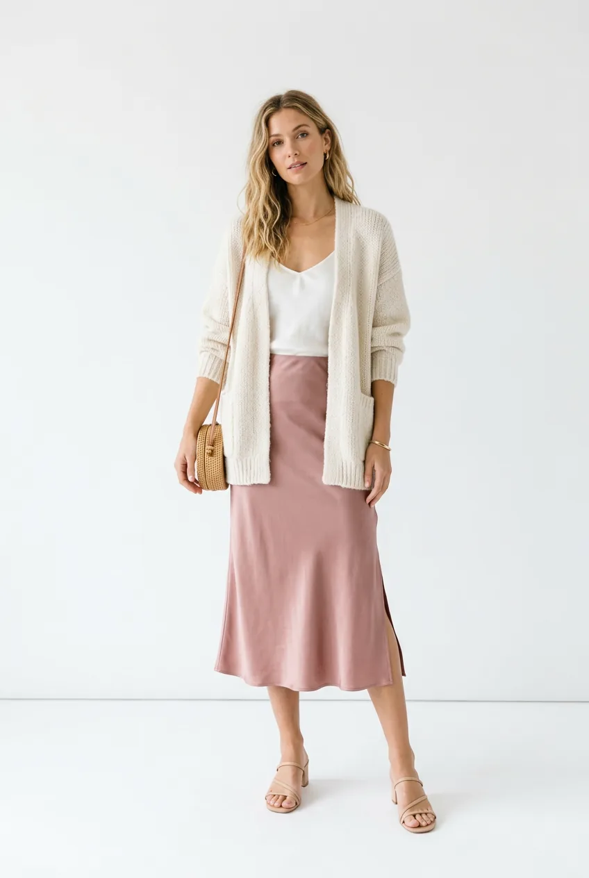 Woman in dusty pink satin slip skirt paired with oversized cream cardigan