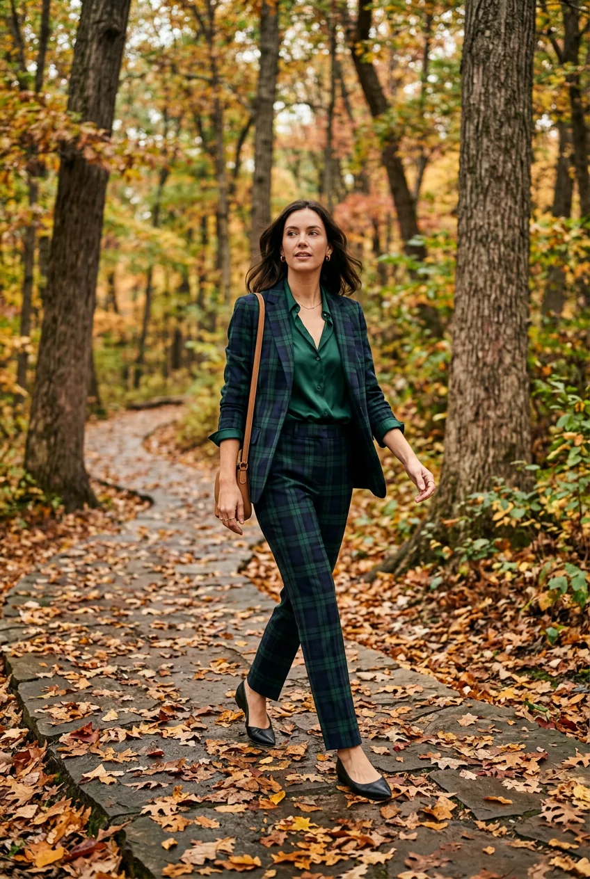 Woman in two-color plaid tailored trousers with silk blouse half-tucked walking a leaf-covered stone path under autumn trees