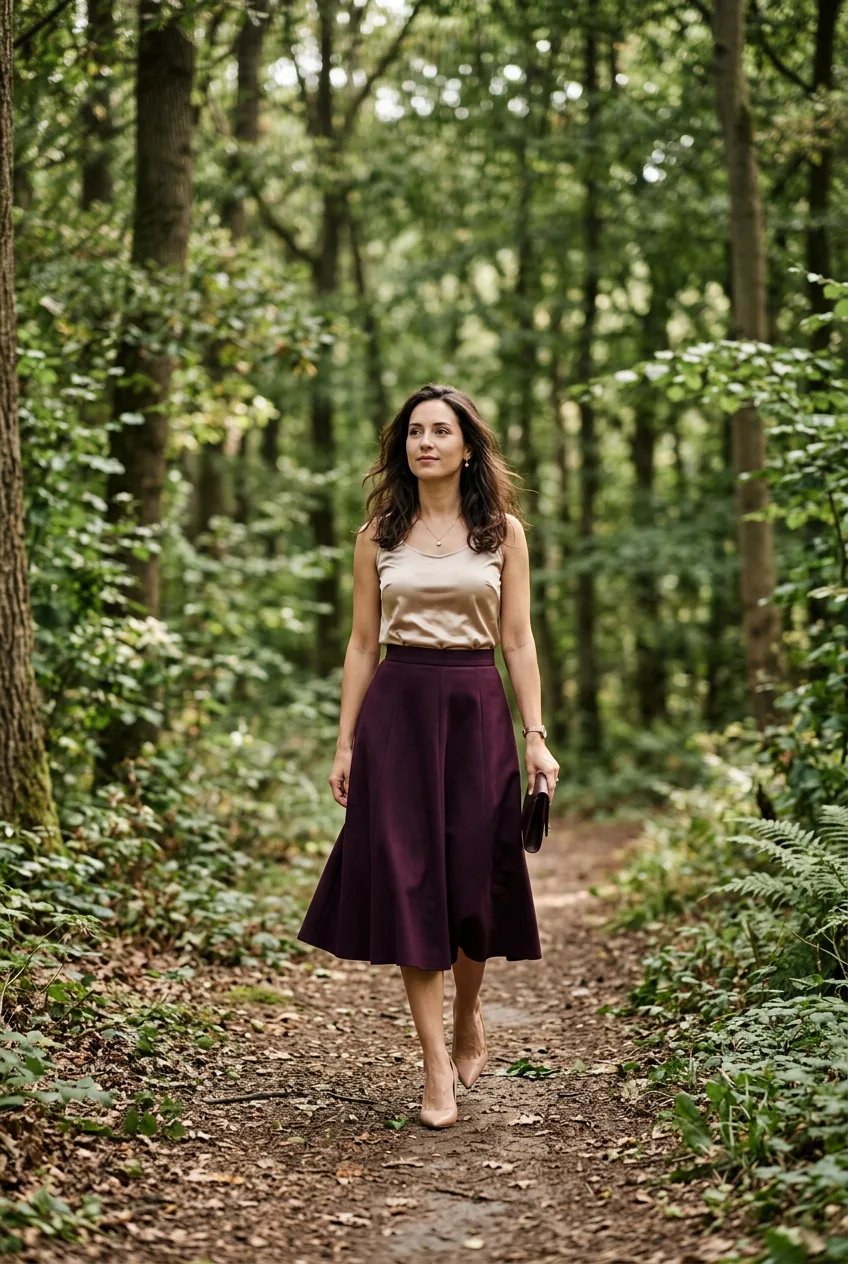 Woman in deep plum structured midi skirt and champagne satin top with pointed-toe nude heels on a soft forest path