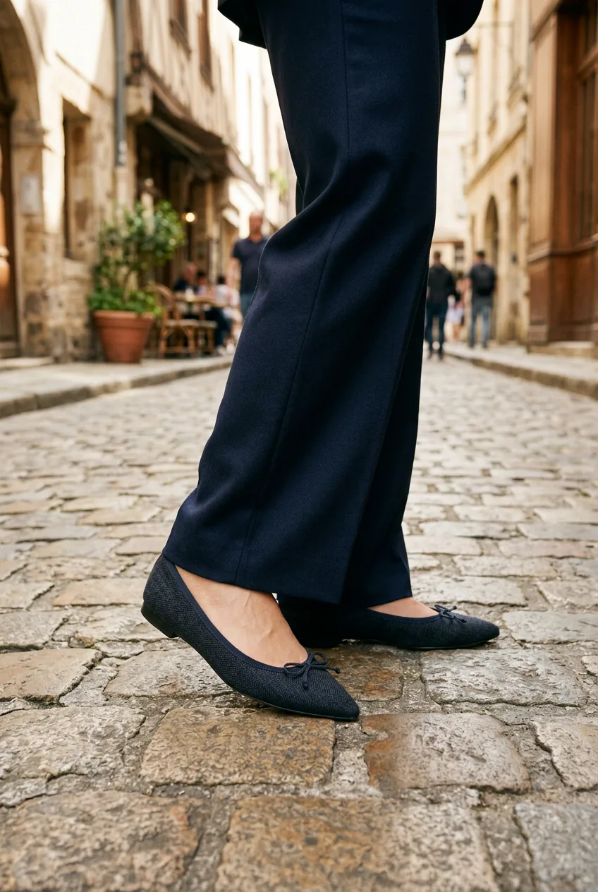 Close-up of woman's pointed-toe ballet flats with grosgrain ribbon paired with dark wide-leg suit trousers