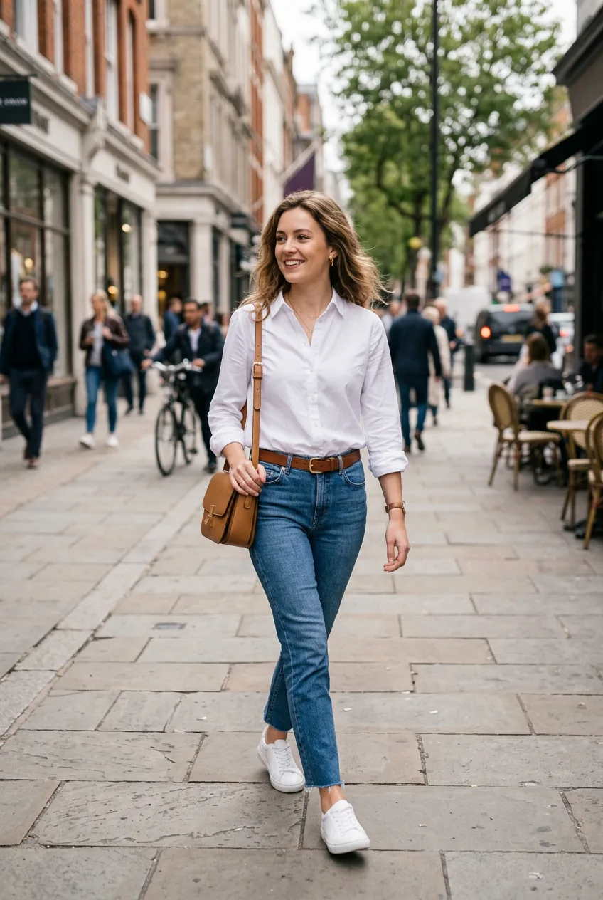 Woman in medium-wash jeans, tucked white button-down blouse, leather belt, and structured tan crossbody bag on city street