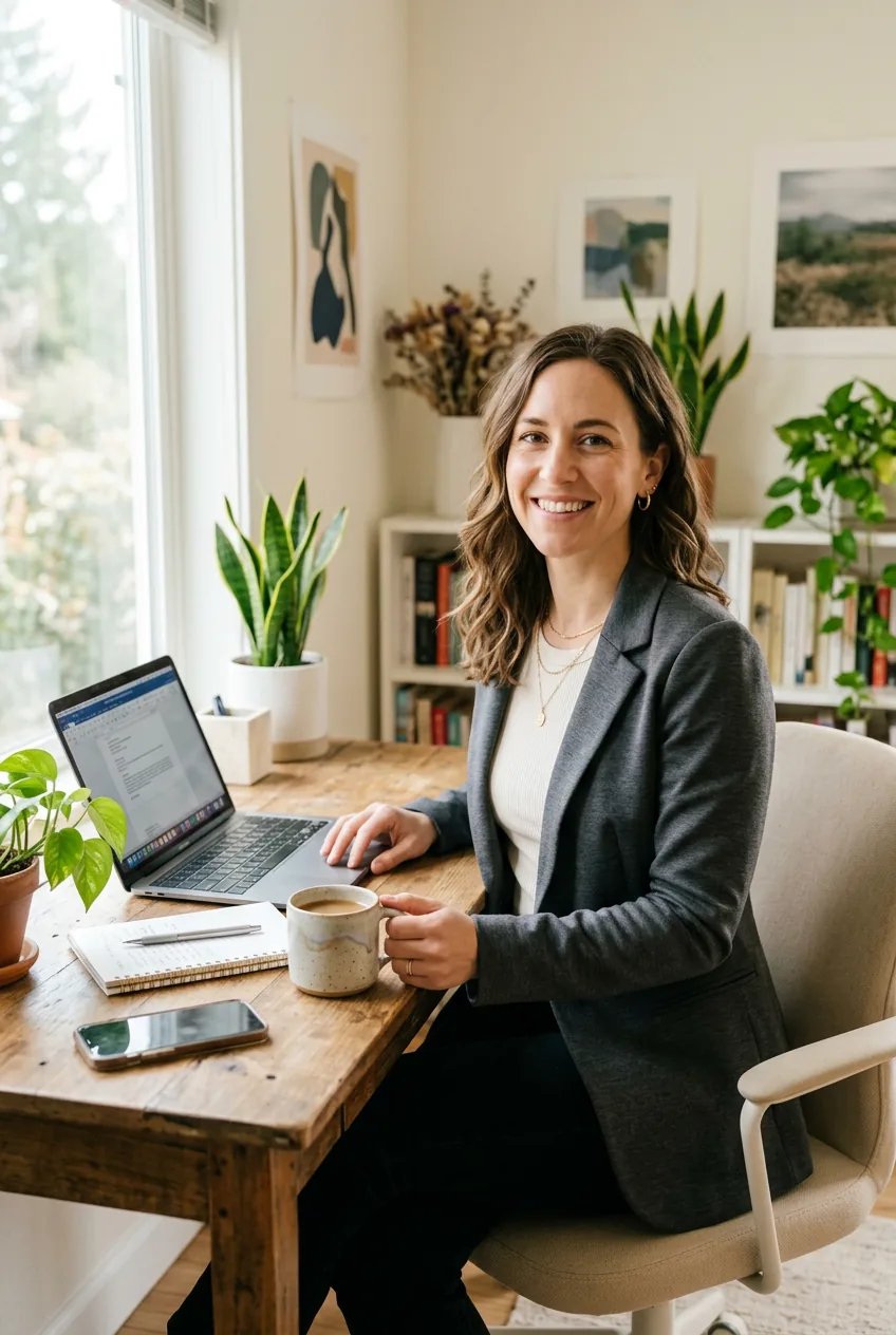 Woman in fitted charcoal gray ponte blazer seated at bright desk workspace with laptop
