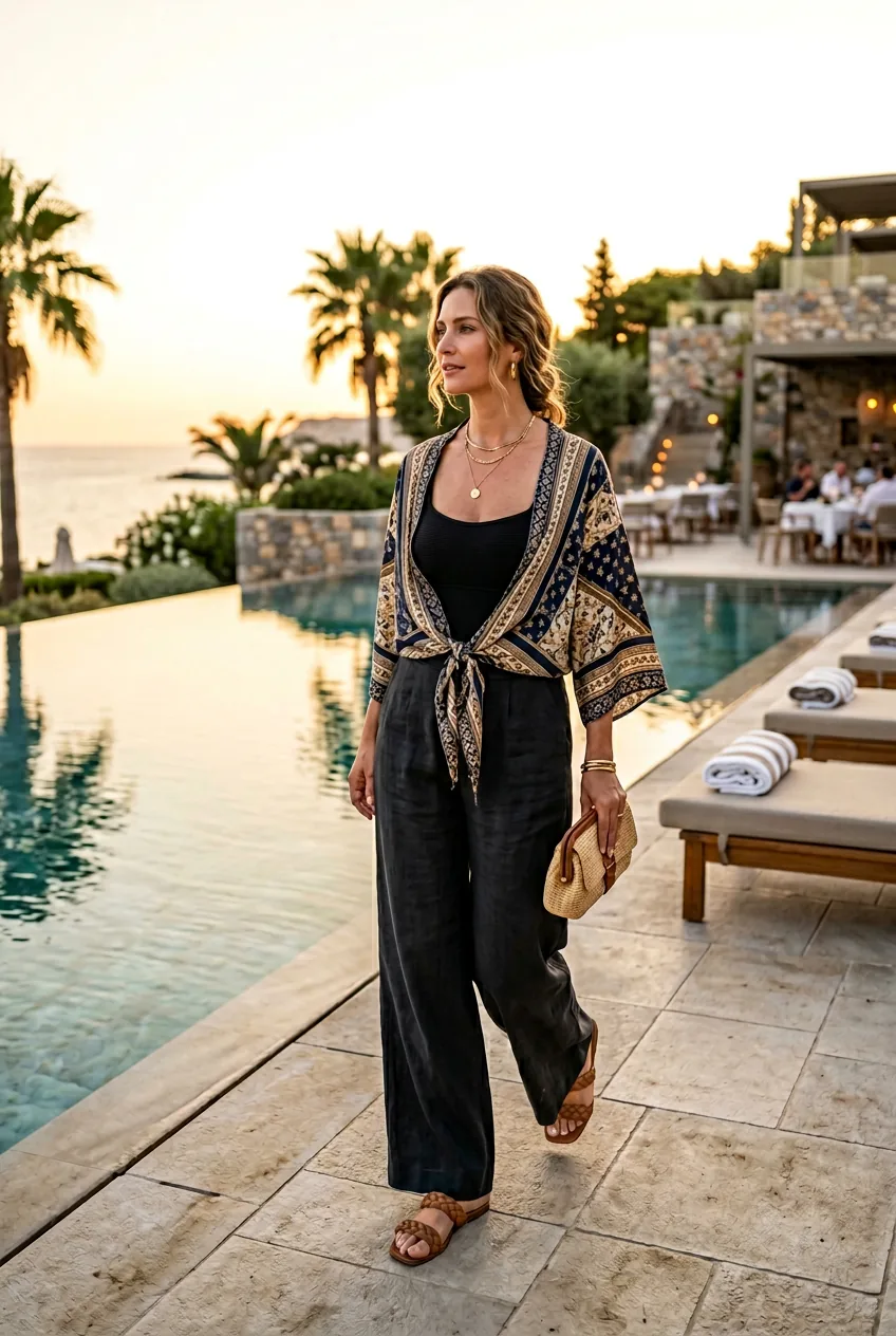 Woman in black one-piece with silk cover-up and wide-leg trousers transitioning from pool to dinner setting