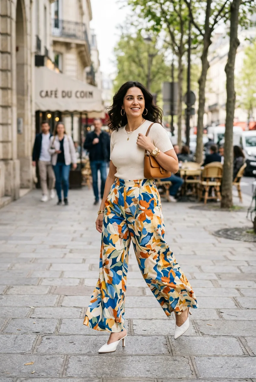 Woman wearing bold abstract floral wide-leg trousers with fitted ivory top and white mule heels walking confidently on sidewalk