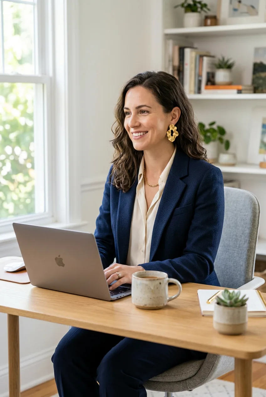 Woman in professional blazer with gold statement earrings at bright home office workspace