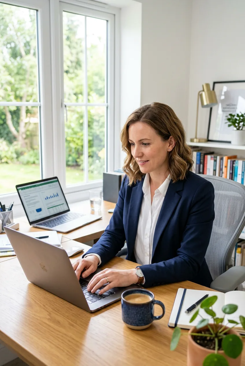 Woman seated at bright desk in navy blazer and white shirt showing classic professional work-from-home outfit
