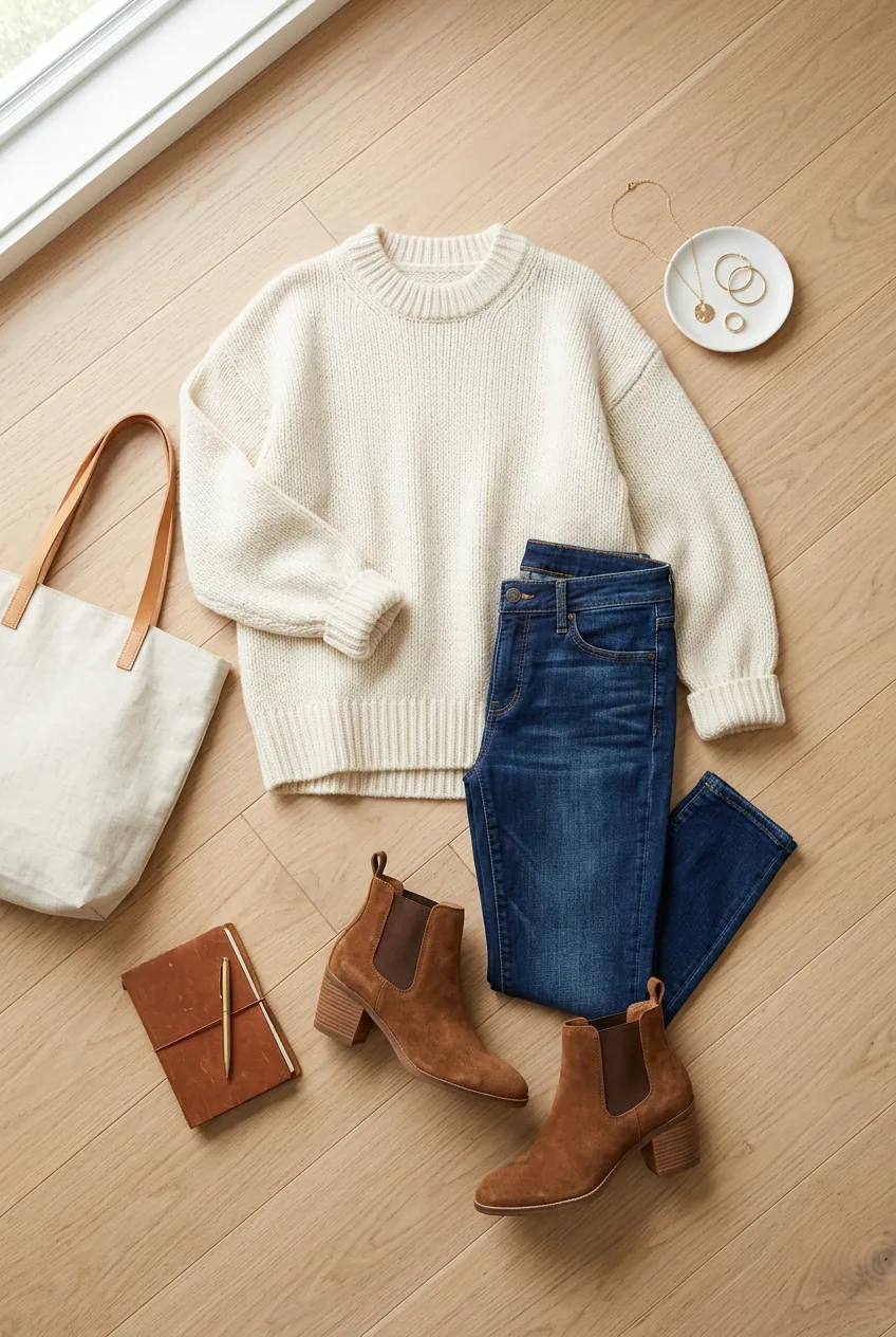 Proportionally balanced outfit with oversized cream sweater, fitted dark jeans and ankle boots