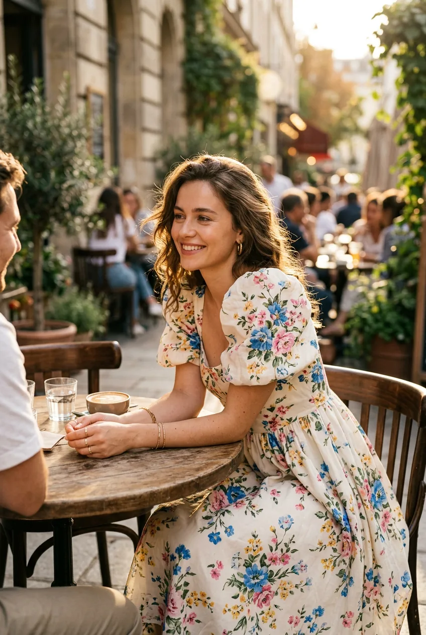 Woman in puff-sleeve floral dress leaning forward at café table, fabric floating softly in warm backlight