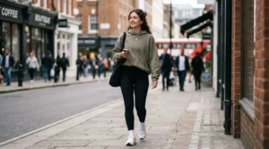 Woman in olive hoodie and black leggings walking on a city sidewalk in soft morning light