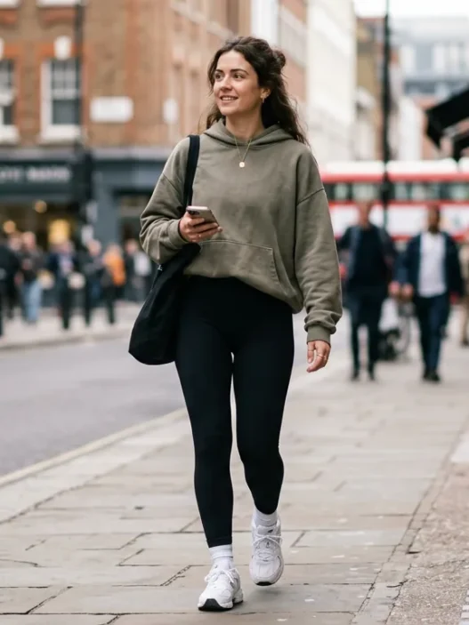 Woman in olive hoodie and black leggings walking on a city sidewalk in soft morning light