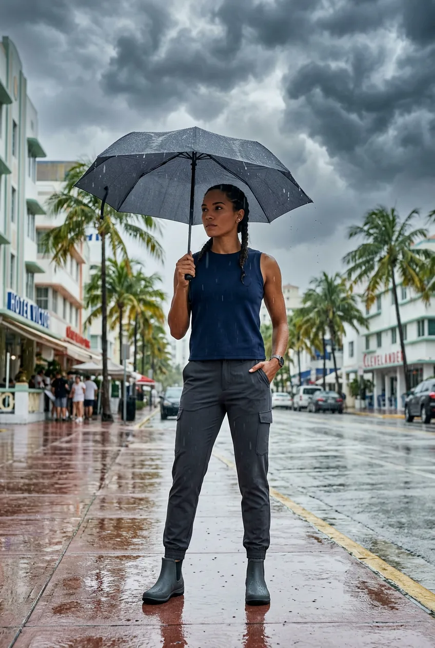 Woman in water-resistant ponte knit top and technical pants prepared for Miami afternoon thunderstorms