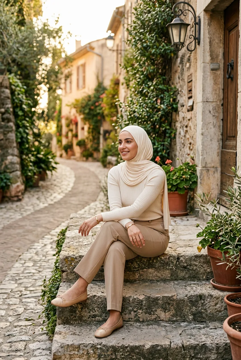 Woman sitting on outdoor steps in cream ribbed top tucked into sand trousers with cream jersey hijab and ballet flats
