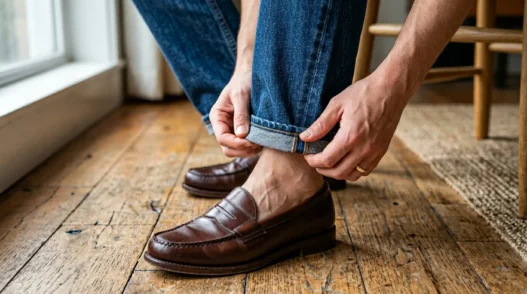 Close-up of hands precisely rolling denim hem into cuff with loafer and wood floor visible