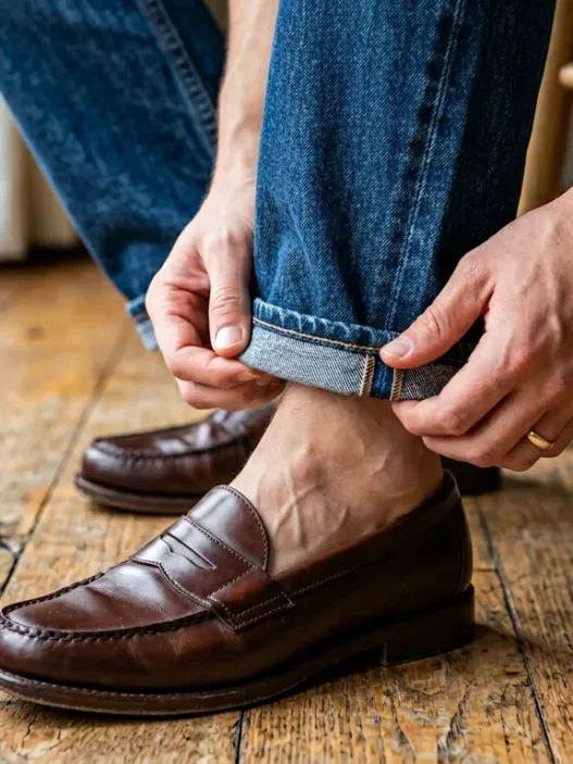 Close-up of hands precisely rolling denim hem into cuff with loafer and wood floor visible