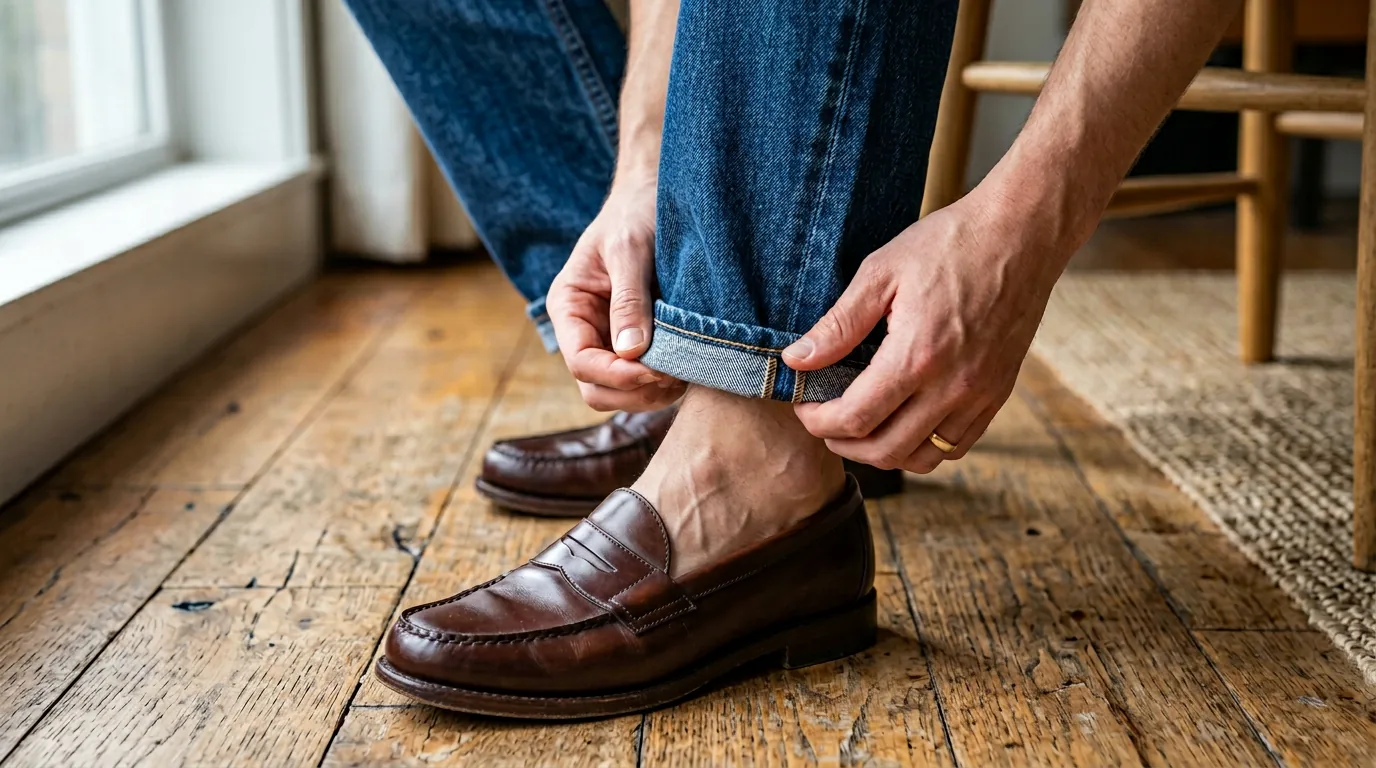 Close-up of hands precisely rolling denim hem into cuff with loafer and wood floor visible