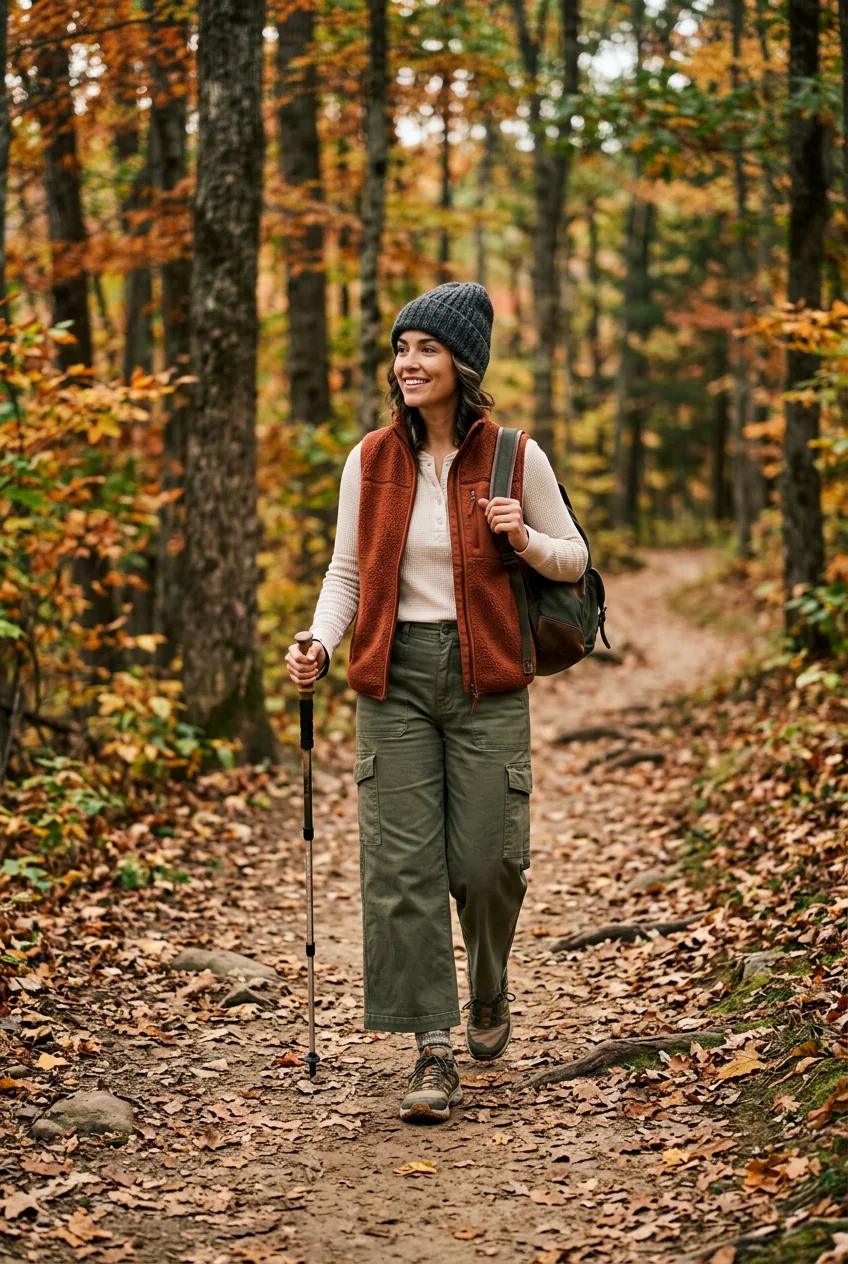 Woman in rust fleece vest and olive wide-leg cargo pants with trail runners and beanie on an autumn forest trail