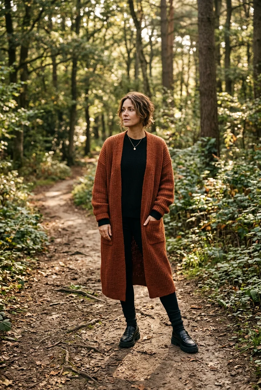 Woman in oversized rust longline cardigan and lug-sole loafers pausing on a leaf-covered forest path in morning light