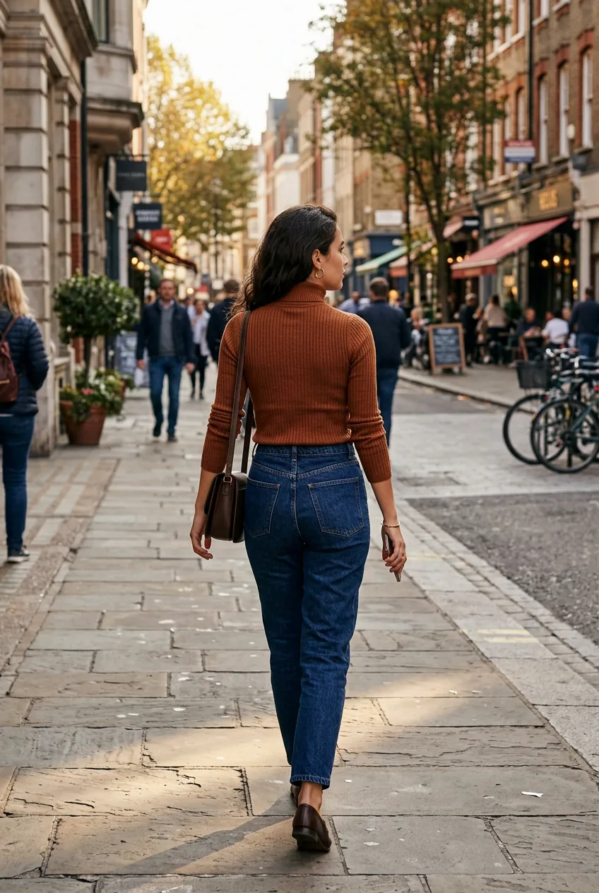 Woman from behind walking in a rust-brown ribbed turtleneck and high-waisted dark denim on a city sidewalk