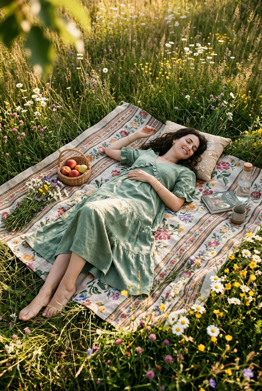 Overhead candid of woman reclining on picnic blanket in sage green summer dress surrounded by wildflowers in golden afternoon light