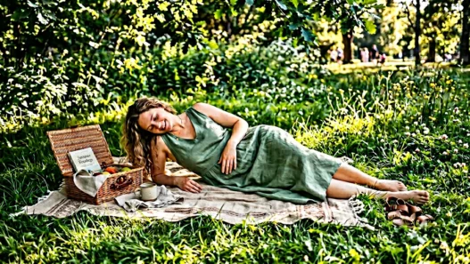 Overhead shot of woman reclining on picnic blanket wearing flowing sage green linen dress surrounded by soft grass in golden light