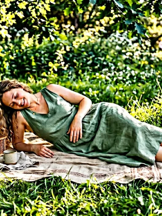 Overhead shot of woman reclining on picnic blanket wearing flowing sage green linen dress surrounded by soft grass in golden light