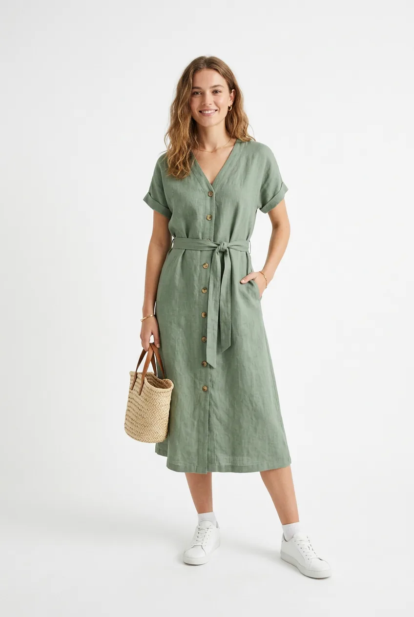 Woman in sage green linen midi dress paired with clean white sneakers