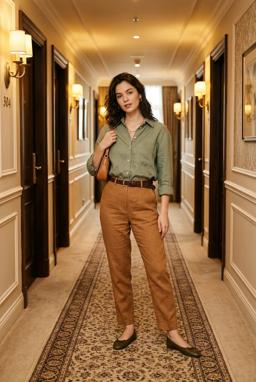 Woman wearing a sage green linen button-down shirt tucked into high-waisted caramel trousers with a woven belt