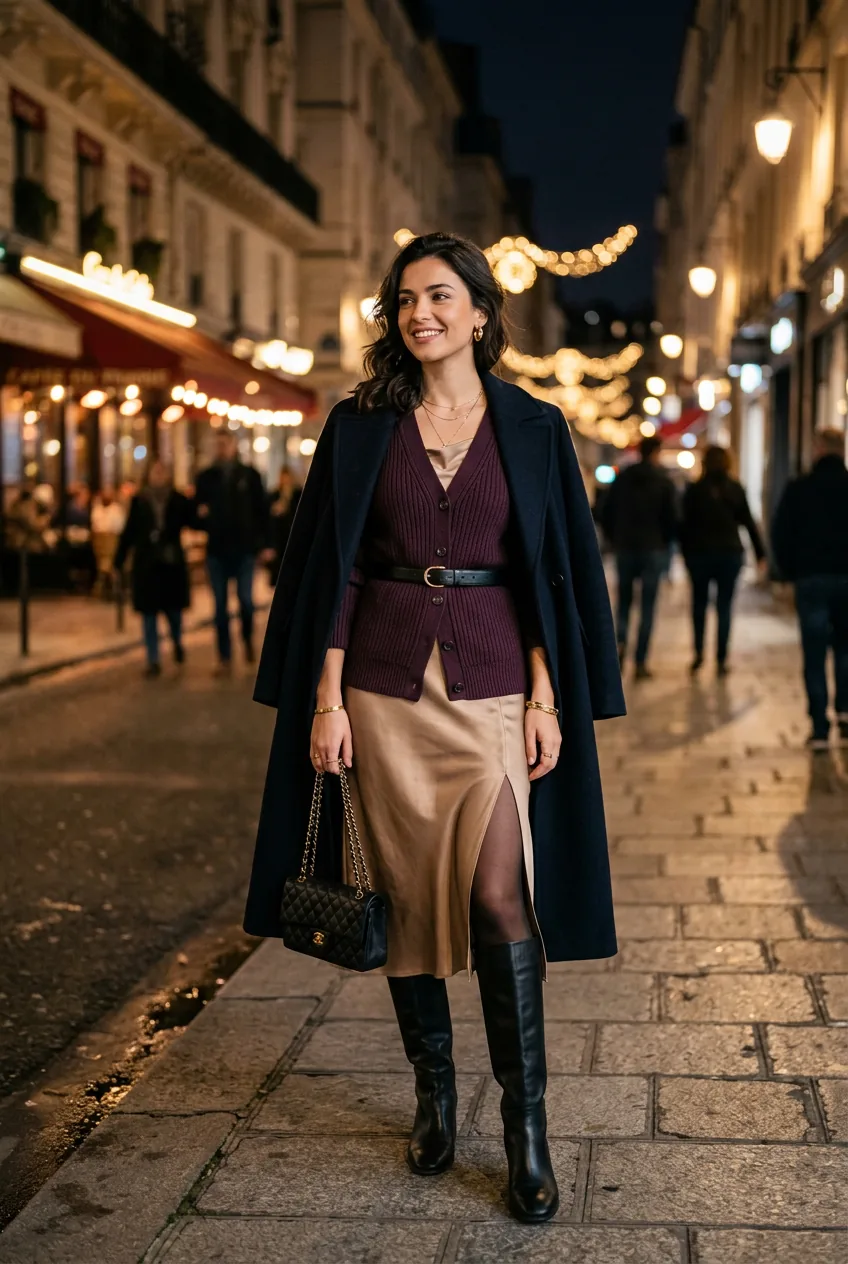 Woman in plum ribbed cardigan belted over satin slip dress under warm winter street lighting