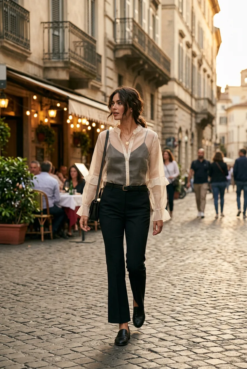Woman in sheer floaty blouse over fitted slip tucked into tailored trousers in warm European evening light