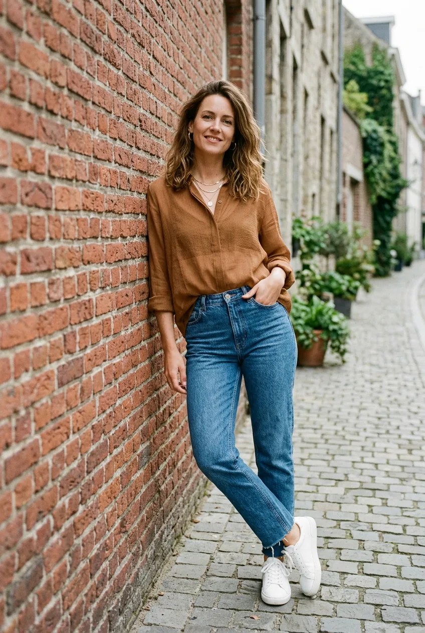 Woman in sheer caramel woven blouse tucked into high-waisted jeans with white sneakers against brick wall