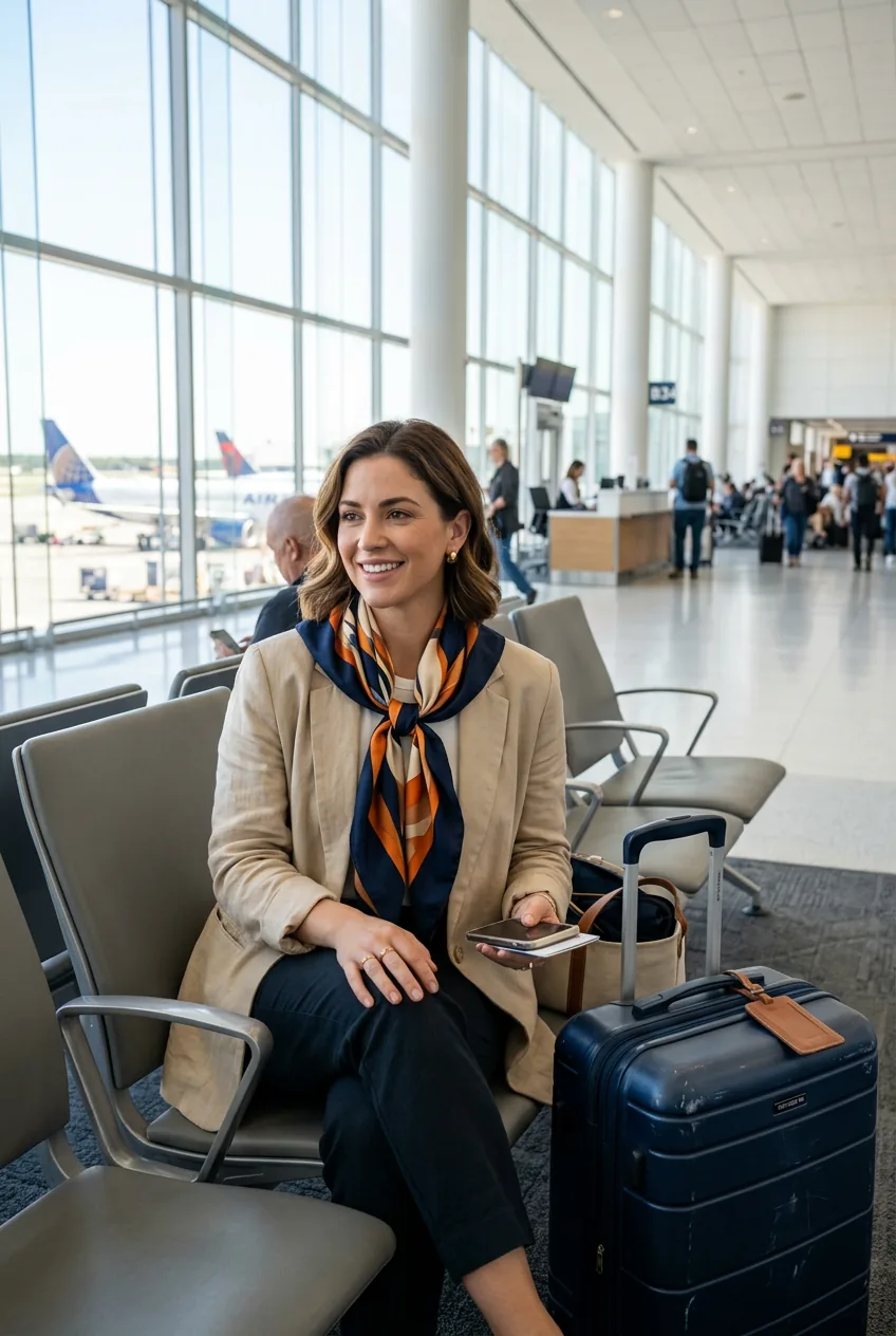 Woman in silk scarf knotted over relaxed blazer sitting at bright airport gate with carry-on
