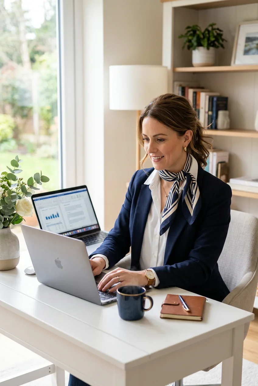 Woman at home office desk wearing silk scarf with white shirt and blazer showing corporate uniform with accessories