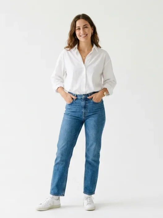 Collection of simple casual outfit ideas displayed on white backdrop with soft lighting