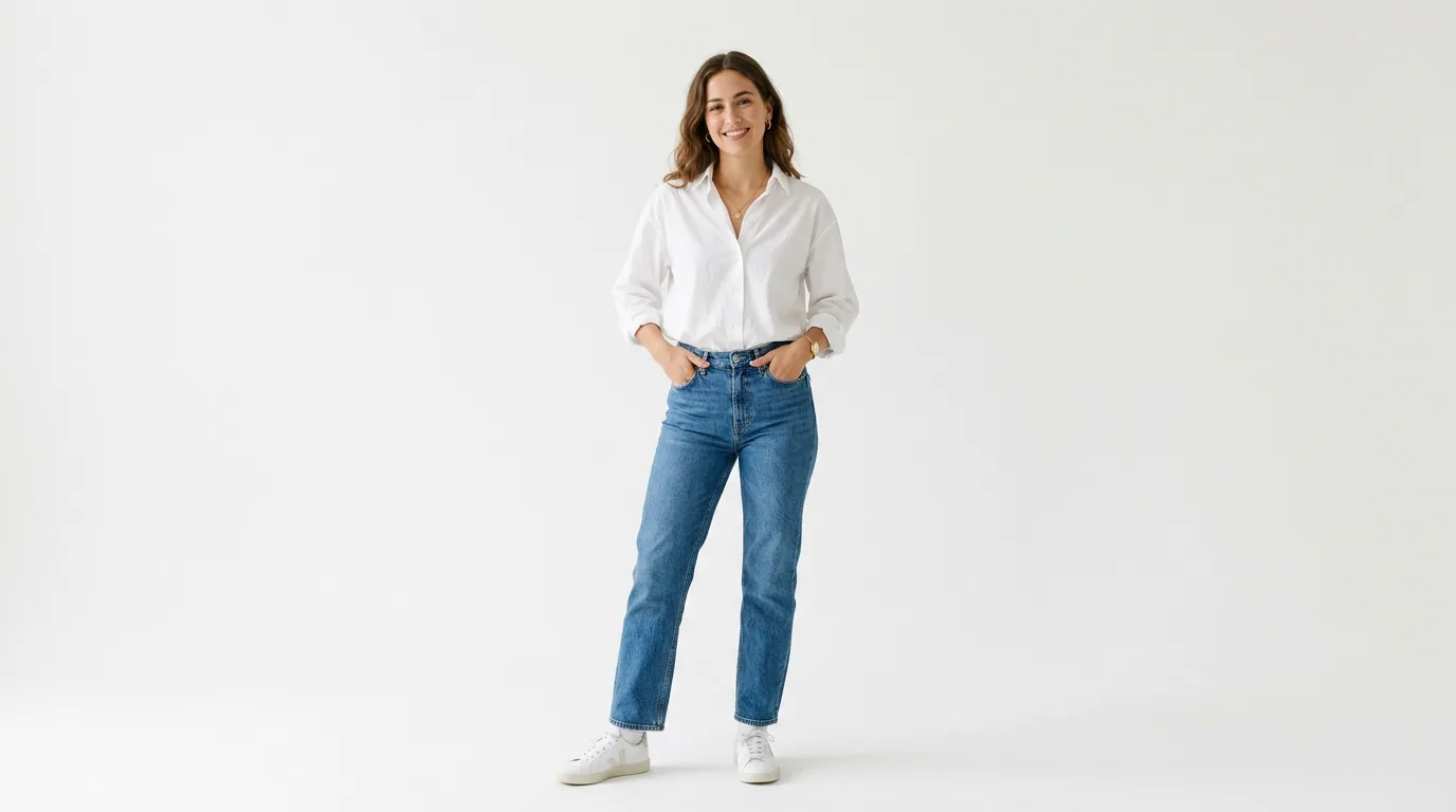 Collection of simple casual outfit ideas displayed on white backdrop with soft lighting