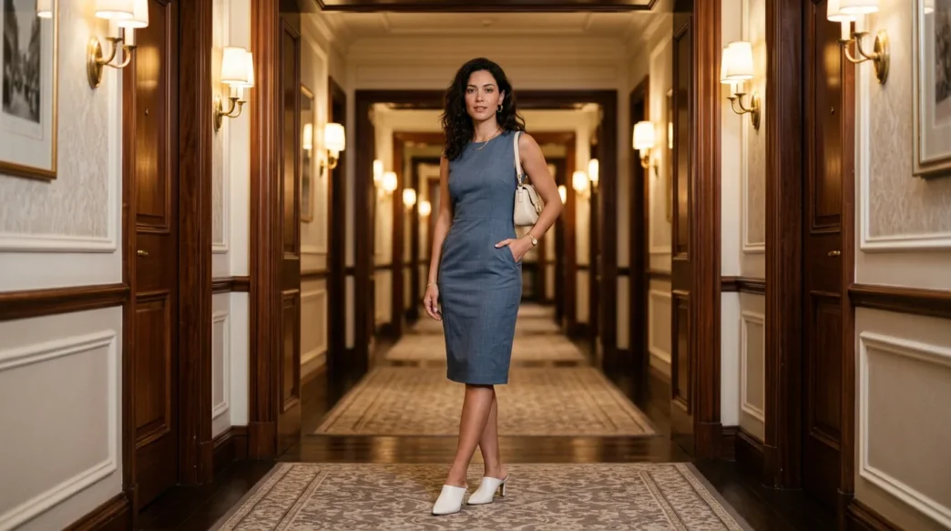 Woman in a slate-blue shift dress and white mules standing in a warmly lit hotel corridor with repeating doorway arches