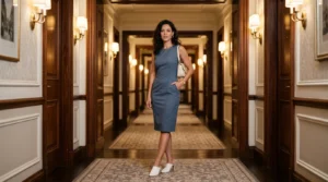 Woman in a slate-blue shift dress and white mules standing in a warmly lit hotel corridor with repeating doorway arches