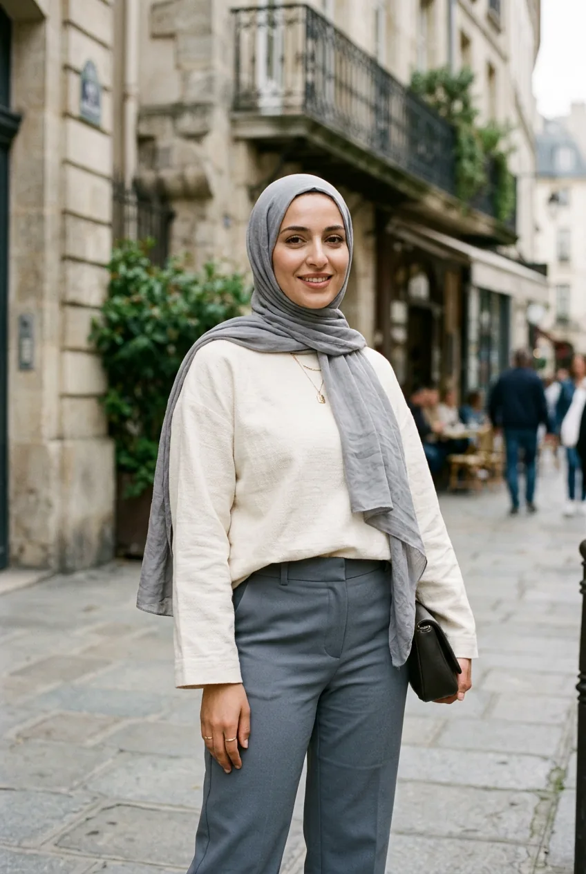 Woman in slate grey straight-leg trousers and cream boxy top with soft grey monochromatic hijab in diffused daylight