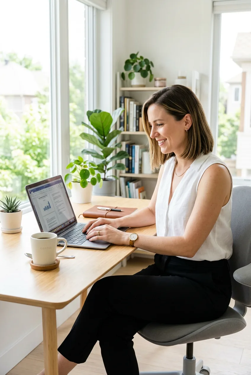 Woman at home desk wearing sleeveless white blouse and black trousers showing summer corporate uniform variation