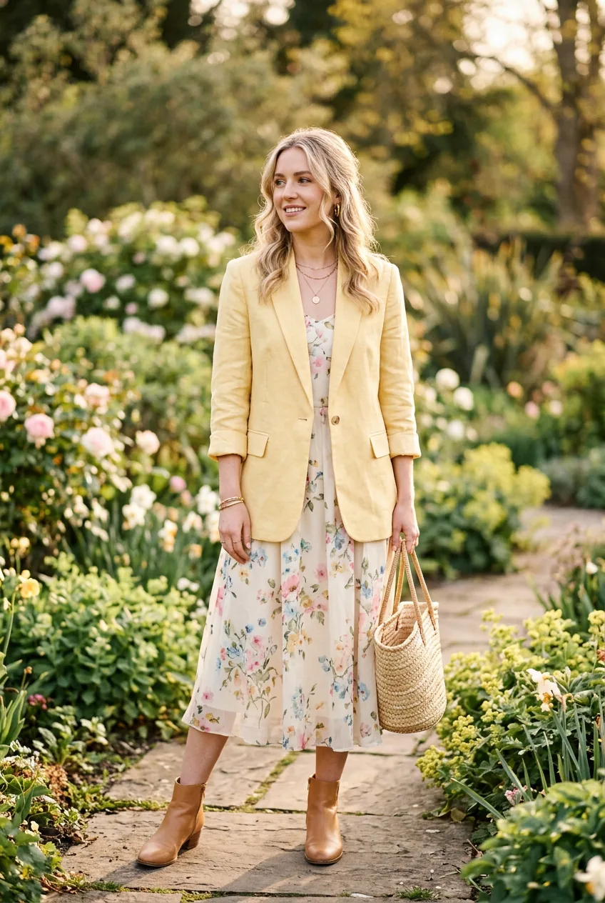 Woman in floral midi dress and butter yellow linen blazer standing in early spring garden light