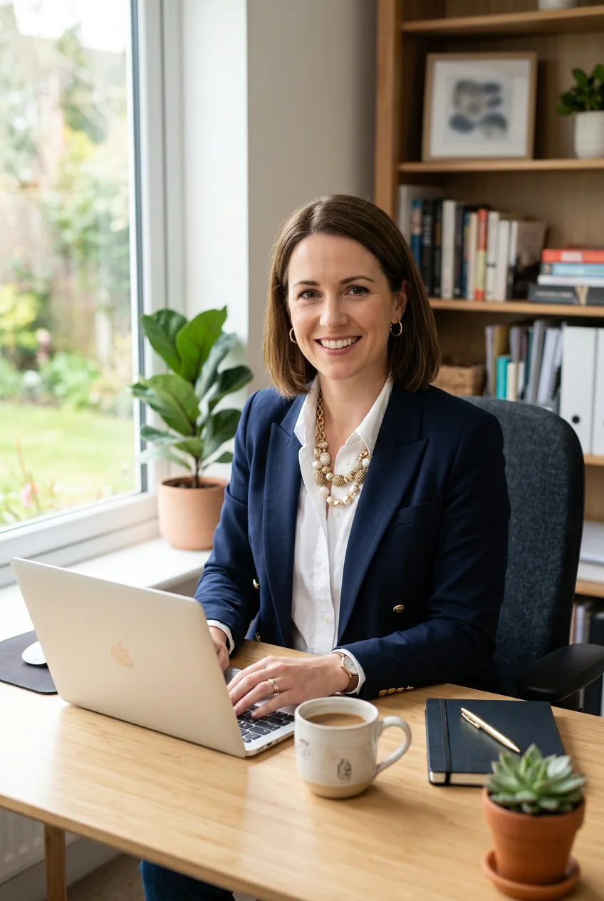 Woman seated at bright office desk wearing navy blazer with statement necklace showing polished corporate uniform style