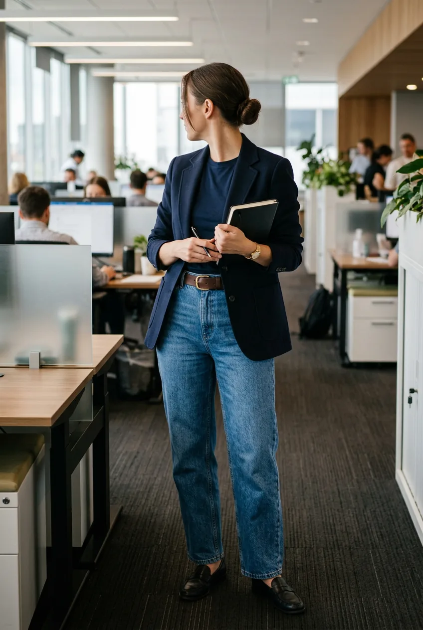 Woman wearing high-waisted baggy jeans with structured blazer and belt in office setting
