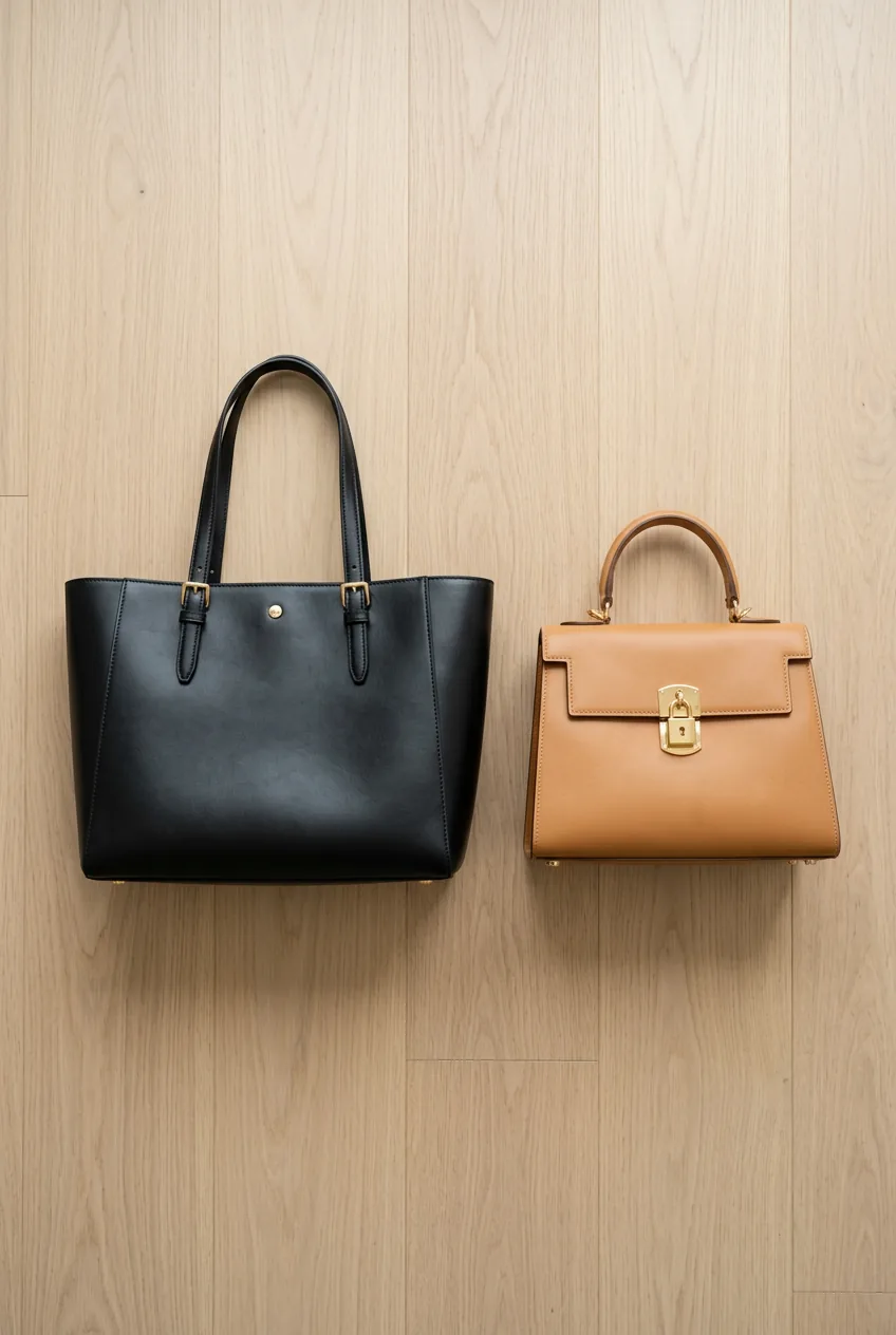 Overhead flat lay of large black structured tote and small camel top-handle bag with gold hardware on light wood floor