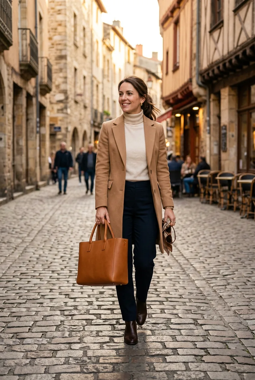 Woman carrying structured boxy natural-grain leather tote with minimal hardware on sunlit European street
