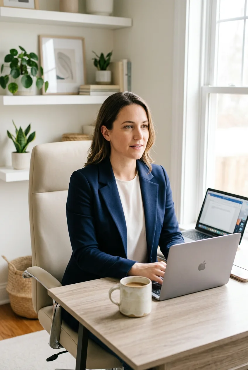 Woman wearing structured navy ponte blazer at home office desk with ceramic mug and laptop