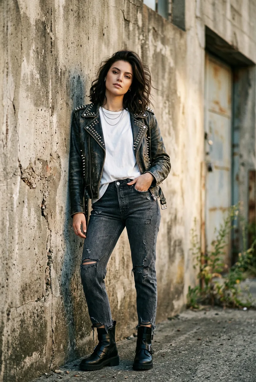 Woman in studded leather jacket over white tee with dark ripped jeans and ankle boots against industrial concrete wall