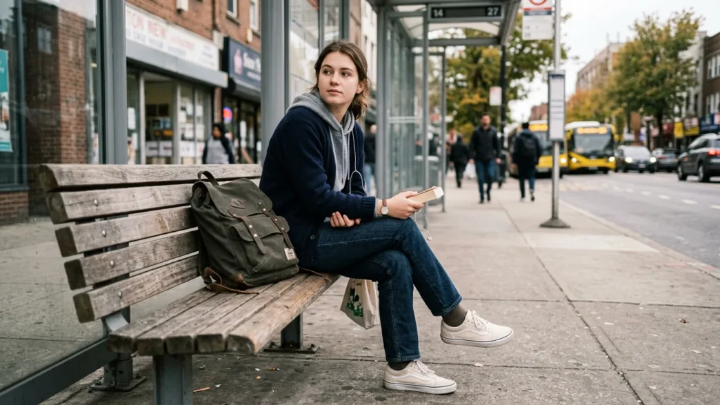 Woman in casual school outfit sitting on bench with backpack in urban setting