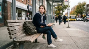 Woman in casual school outfit sitting on bench with backpack in urban setting