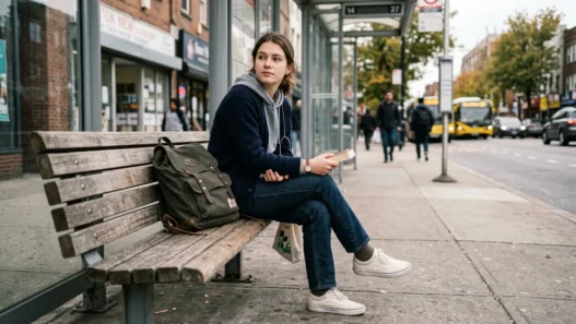 Woman in casual school outfit sitting on bench with backpack in urban setting
